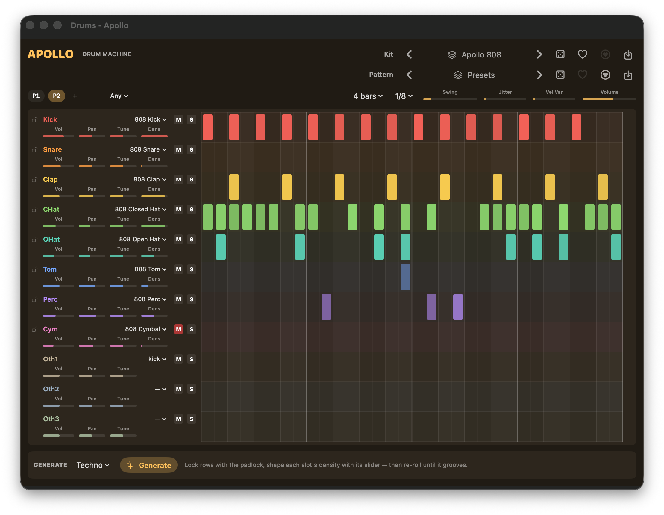Apollo drum machine showing its sample slots, sequencer grid, pattern controls, and Techno pattern generator