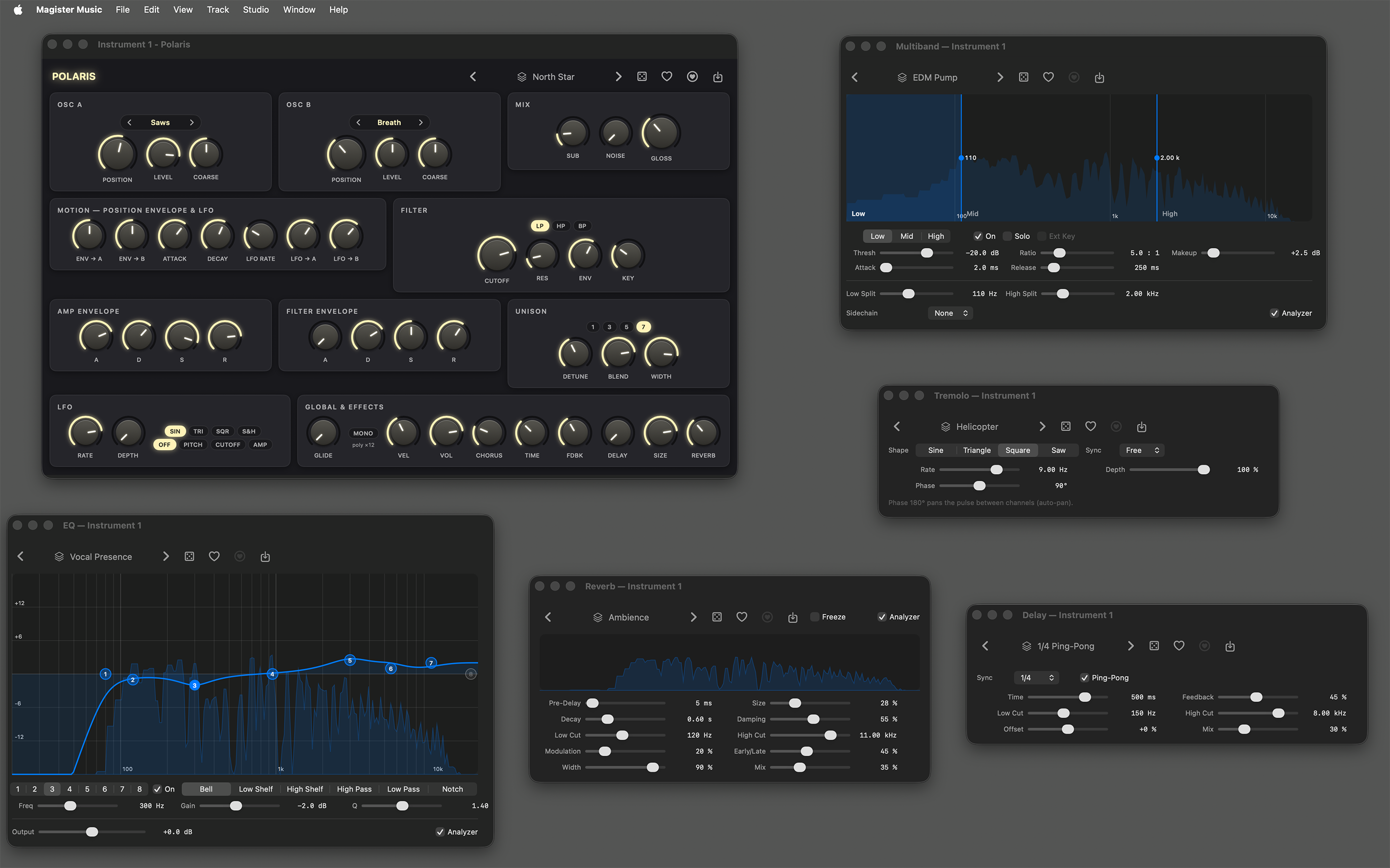Magister Music built-in Polaris instrument and EQ, multiband compressor, tremolo, reverb, and delay effects